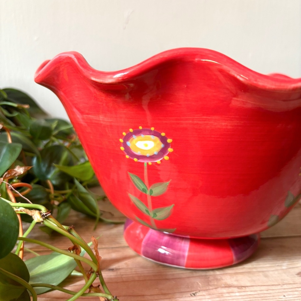 Vintage Vibrant Floral Hand Painted Italian Style Ceramic Artisan Pottery Bowl - Picture 5 of 6